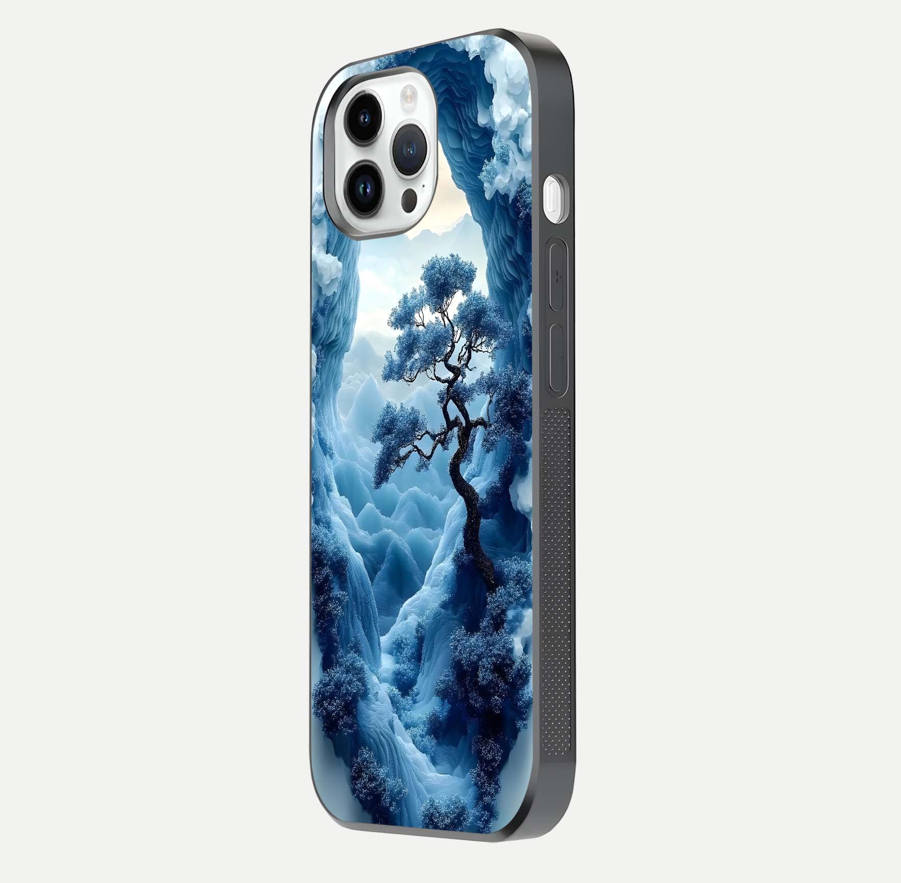 Frozen Serenity Gate Glass Case for iPhone 14 Pro side-angle photo showing reflective surface and cold tones