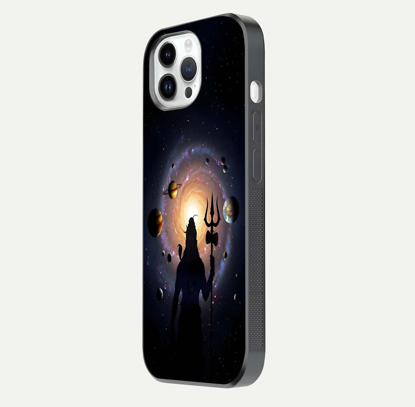 Galactic Shiva Vision Glass Case for iPhone 14 Pro side-angle image showing light reflection, glass edges, and spiritual cosmic theme
