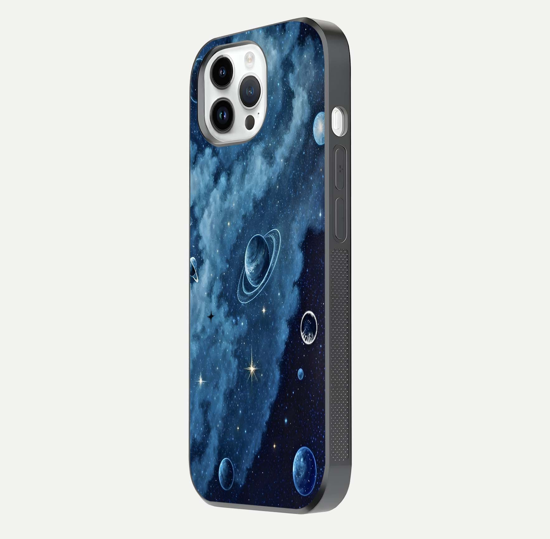 Galaxy Dream Space Glass Case for iPhone 14 Pro side-angle image capturing reflection clarity and galactic texture