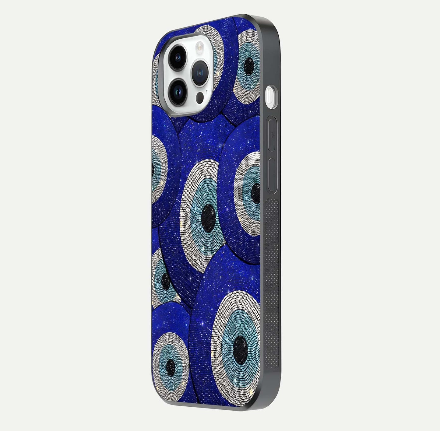 Galaxy Eye Flow Glass Case for iPhone 14 Pro side-angle image showing reflection detail and premium shine