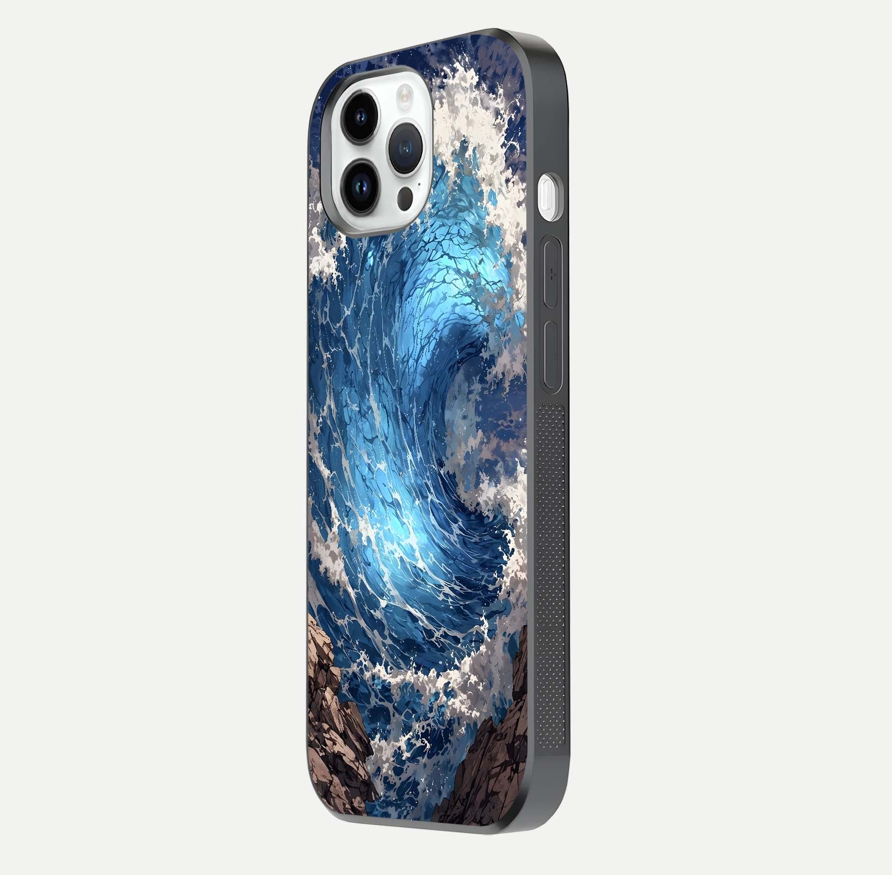 Giant Ocean Wave Glass Case for iPhone 14 Pro side-angle image showing light reflection and ocean detail