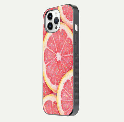 Glitter Grapefruit Glass Case for iPhone 14 Pro side-angle image showing reflection glow and polished edges
