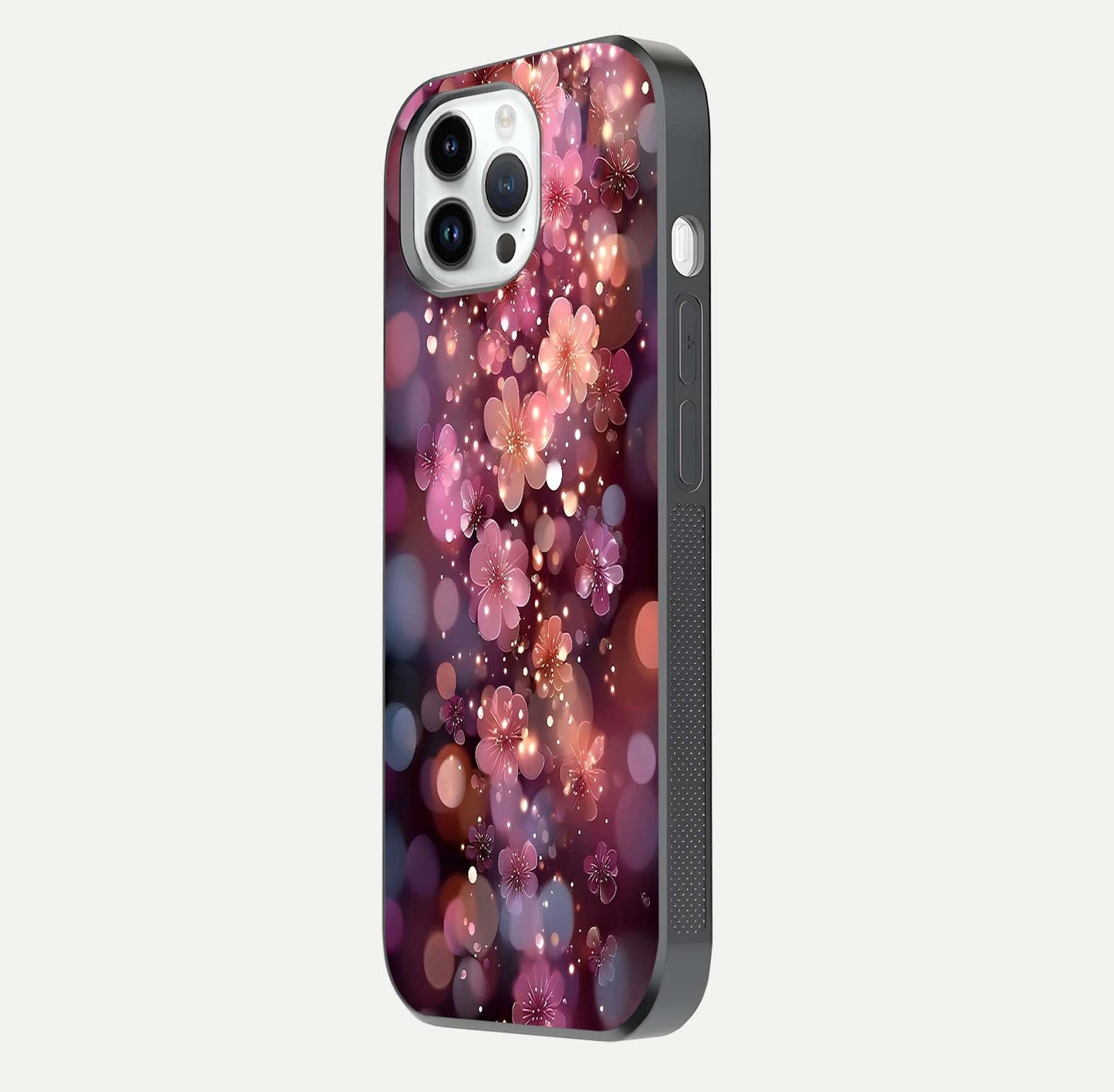Glowing Petal Bliss Glass Case for iPhone 14 Pro side-angle image showing light reflection and soft floral texture