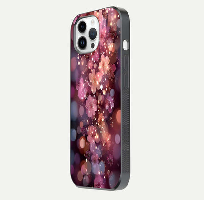 Glowing Petal Bliss Glass Case for iPhone 14 Pro side-angle image showing light reflection and soft floral texture