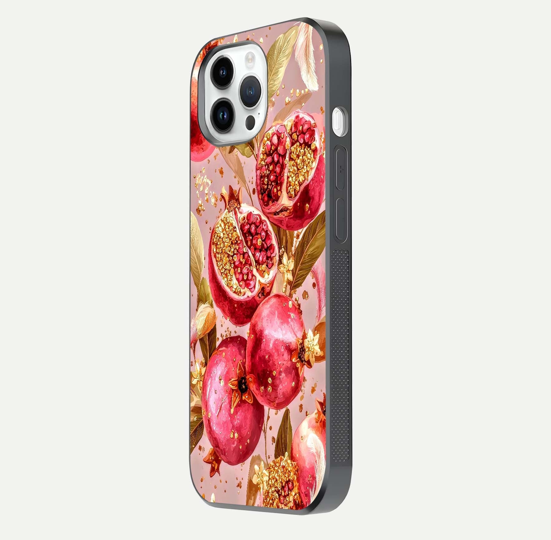 Golden Bloom Glow Glass Case for iPhone 14 Pro side-angle image showing light reflection, gloss texture, and rich tone