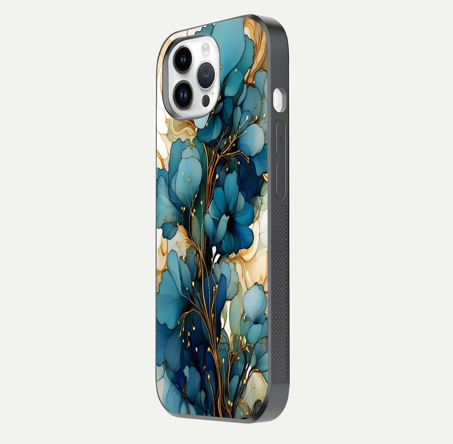Golden Bloom Symphony Glass Case for iPhone 14 Pro side-angle image showing golden glow, light reflection, and premium surface