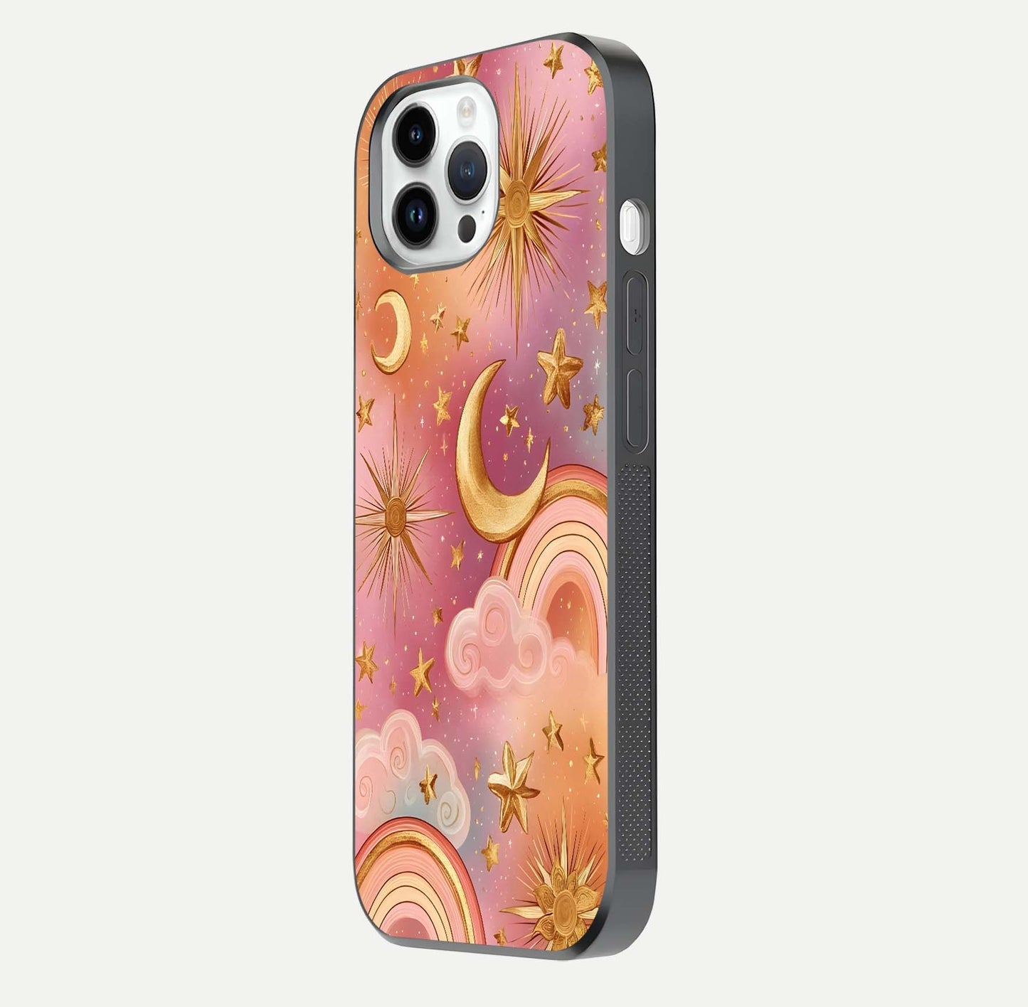 Golden Celestial Dreams Glass Case for iPhone 14 Pro side-angle image capturing reflection brightness and starry detail