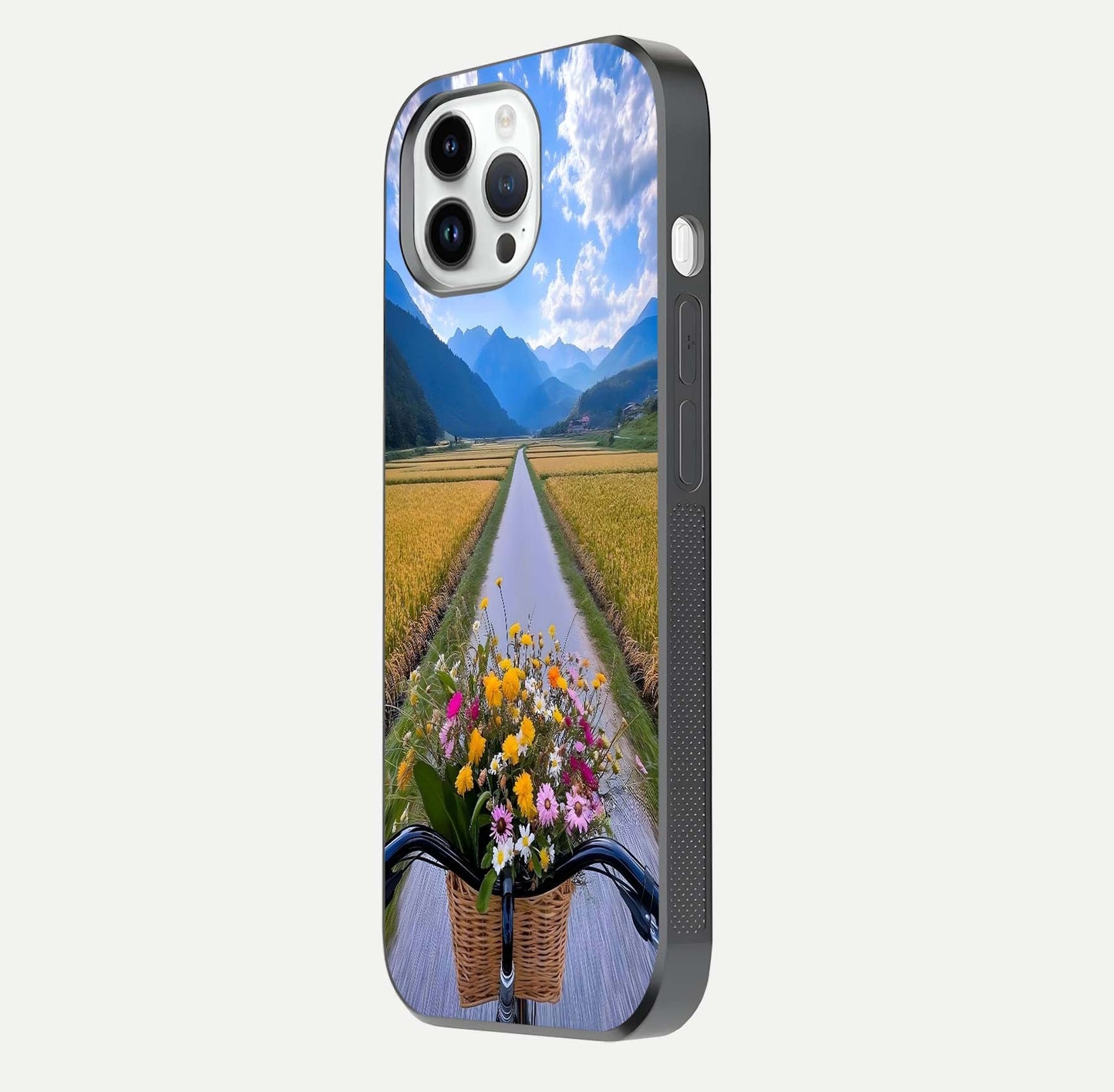 Golden Field Journey Glass Case for iPhone 14 Pro side-angle image showing golden glow, reflection shine, and curved edge