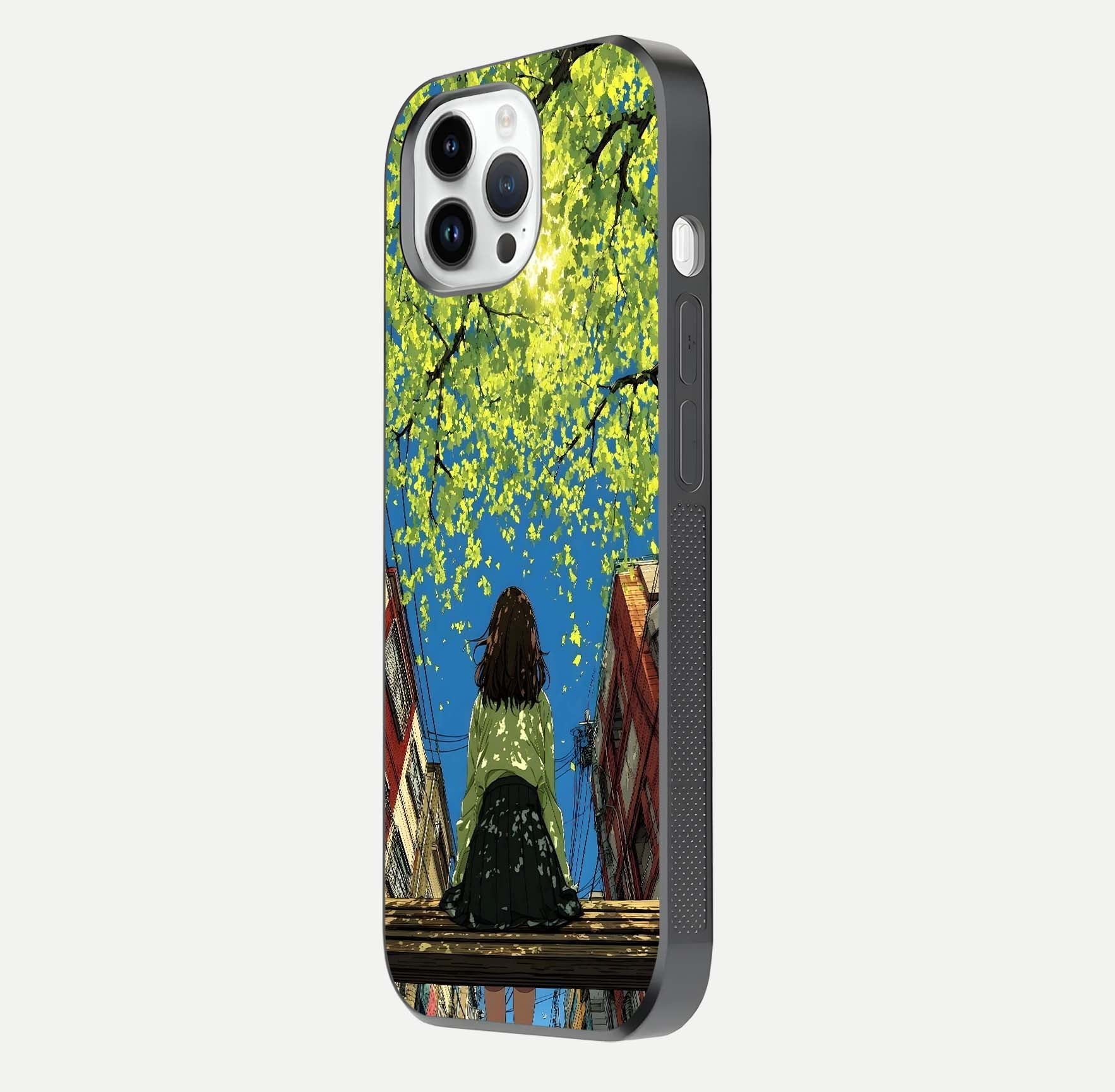 Golden Leaves Glow Glass Case for iPhone 14 Pro side-angle image showing reflection polish and elegant pattern