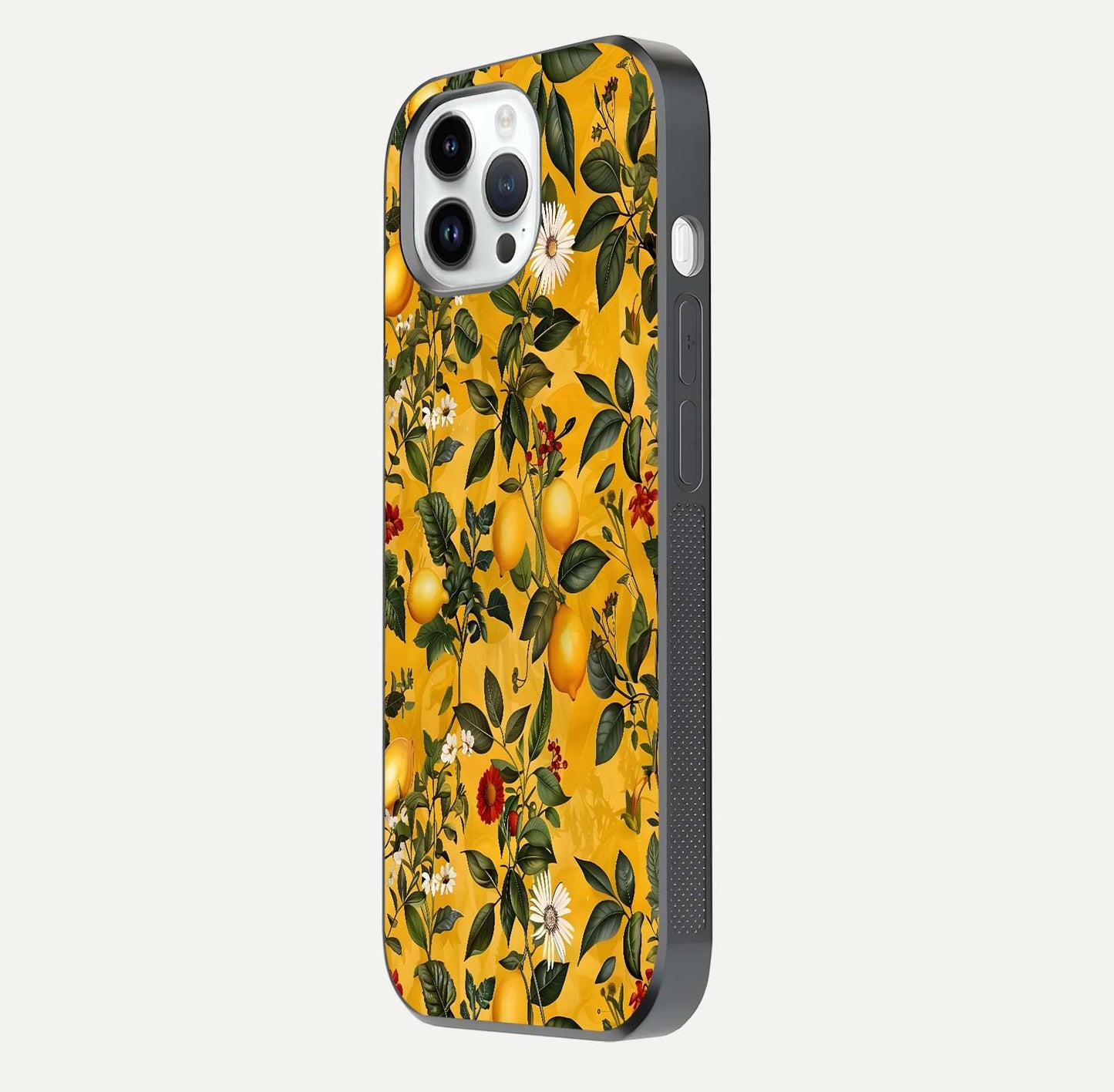 Golden Lemon Field Glass Case for iPhone 14 Pro side-angle image showing reflection clarity and juicy color tone