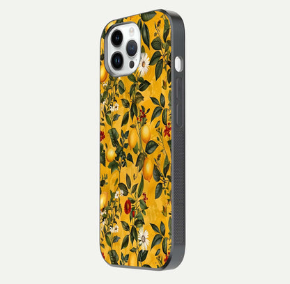Golden Lemon Field Glass Case for iPhone 14 Pro side-angle image showing reflection clarity and juicy color tone