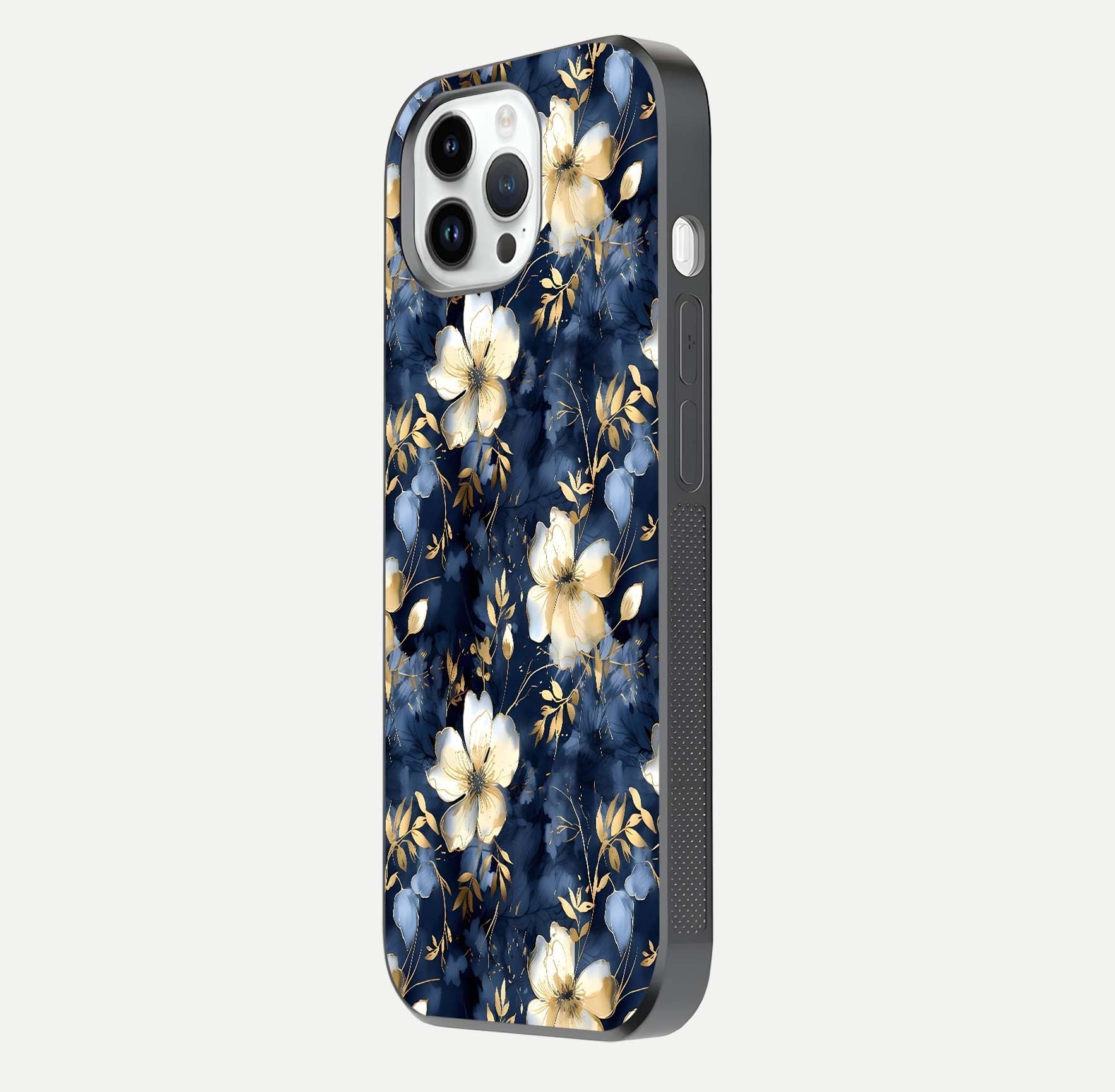 Golden Midnight Bloom Glass Case for iPhone 14 Pro side-angle image showing shine depth and elegant edge design