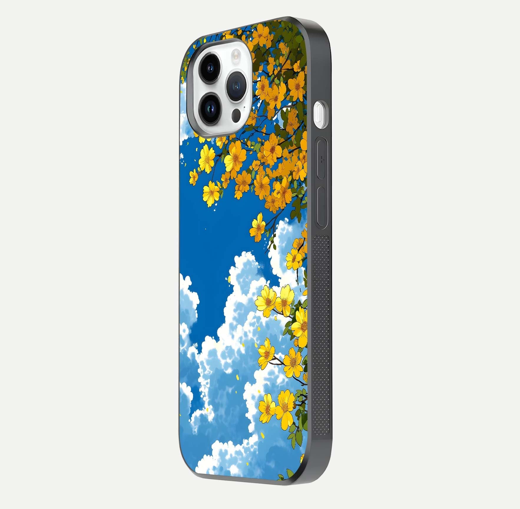 Golden Petal Sky Glass Case for iPhone 14 Pro side-angle image showing reflection depth and metallic floral tones