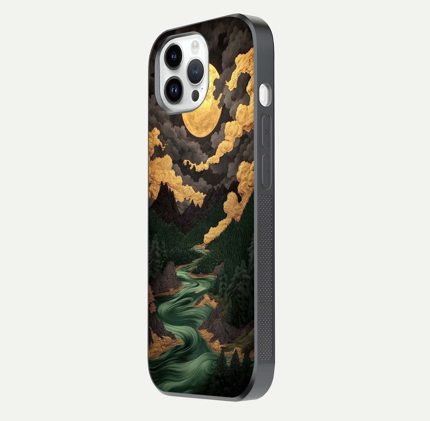 Golden River Moon Glass Case for iPhone 14 Pro side-angle image showing reflection clarity and detailed nightscape