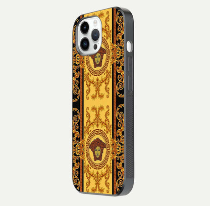 Golden Royal Heritage Glass Case for iPhone 14 Pro side-angle image showing reflection glow and luxury detailing