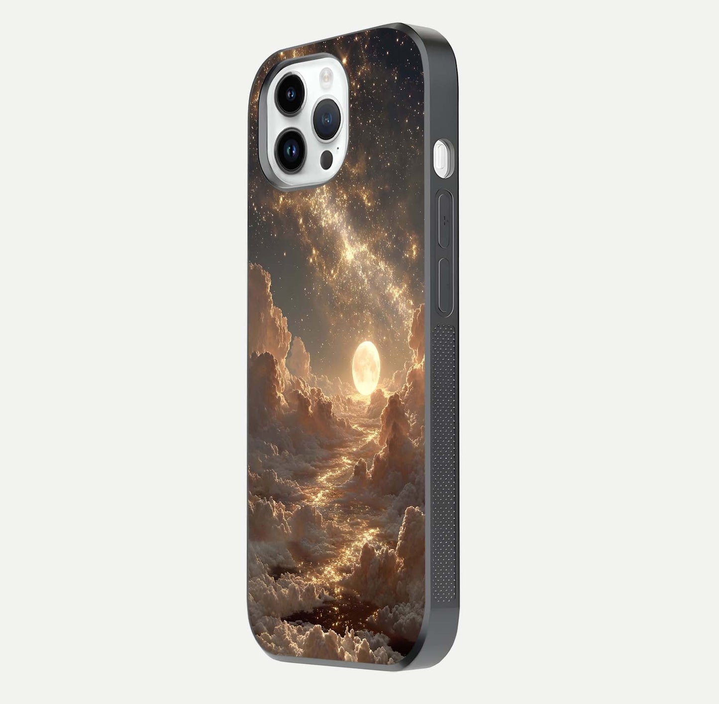 Golden Sky Dream Glass Case for iPhone 14 Pro side-angle image showing reflection shine and smooth surface