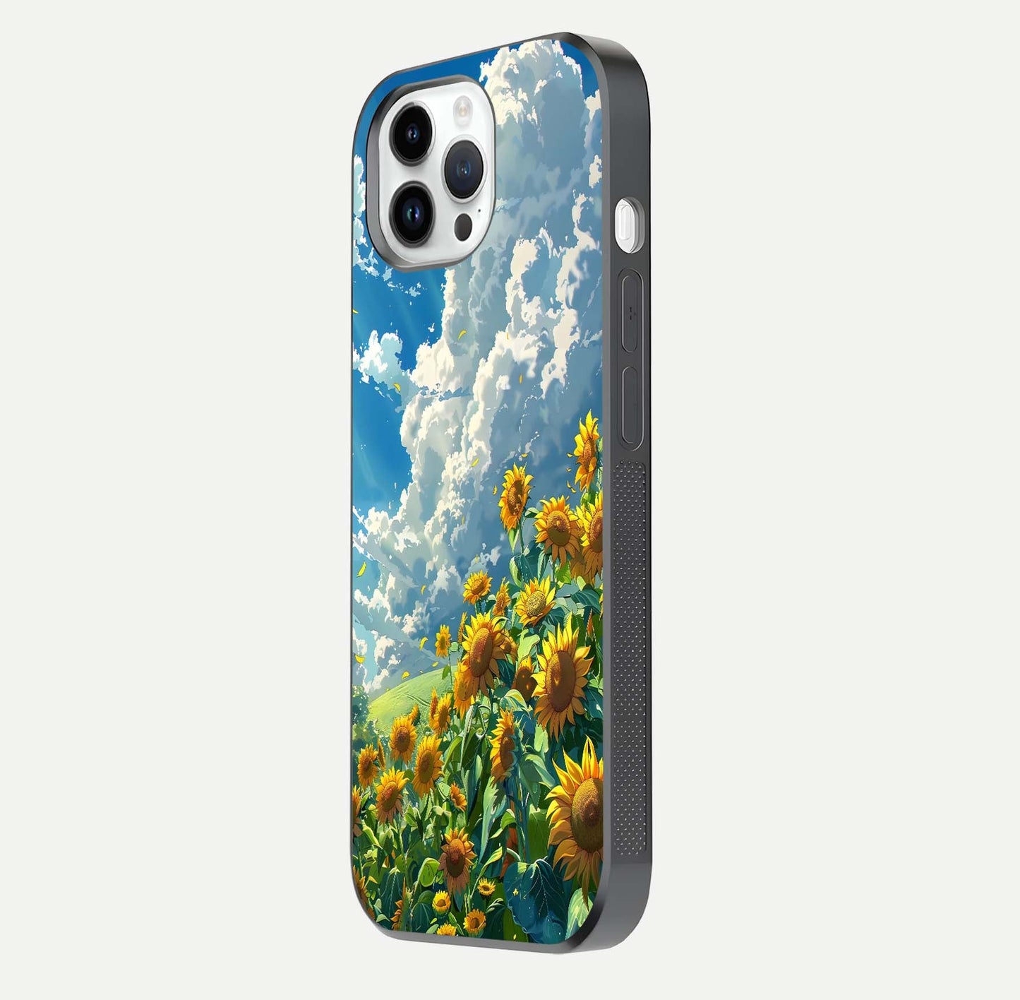 Golden Sun Glory Glass Case for iPhone 14 Pro side-angle image showing reflection glow and luminous texture
