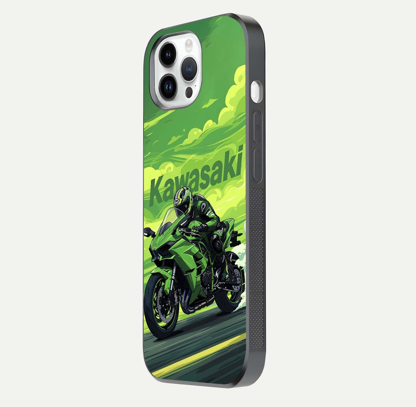 Green Kawasaki Glass Case for iPhone 14 Pro side-angle image showing reflection depth and metallic green accent