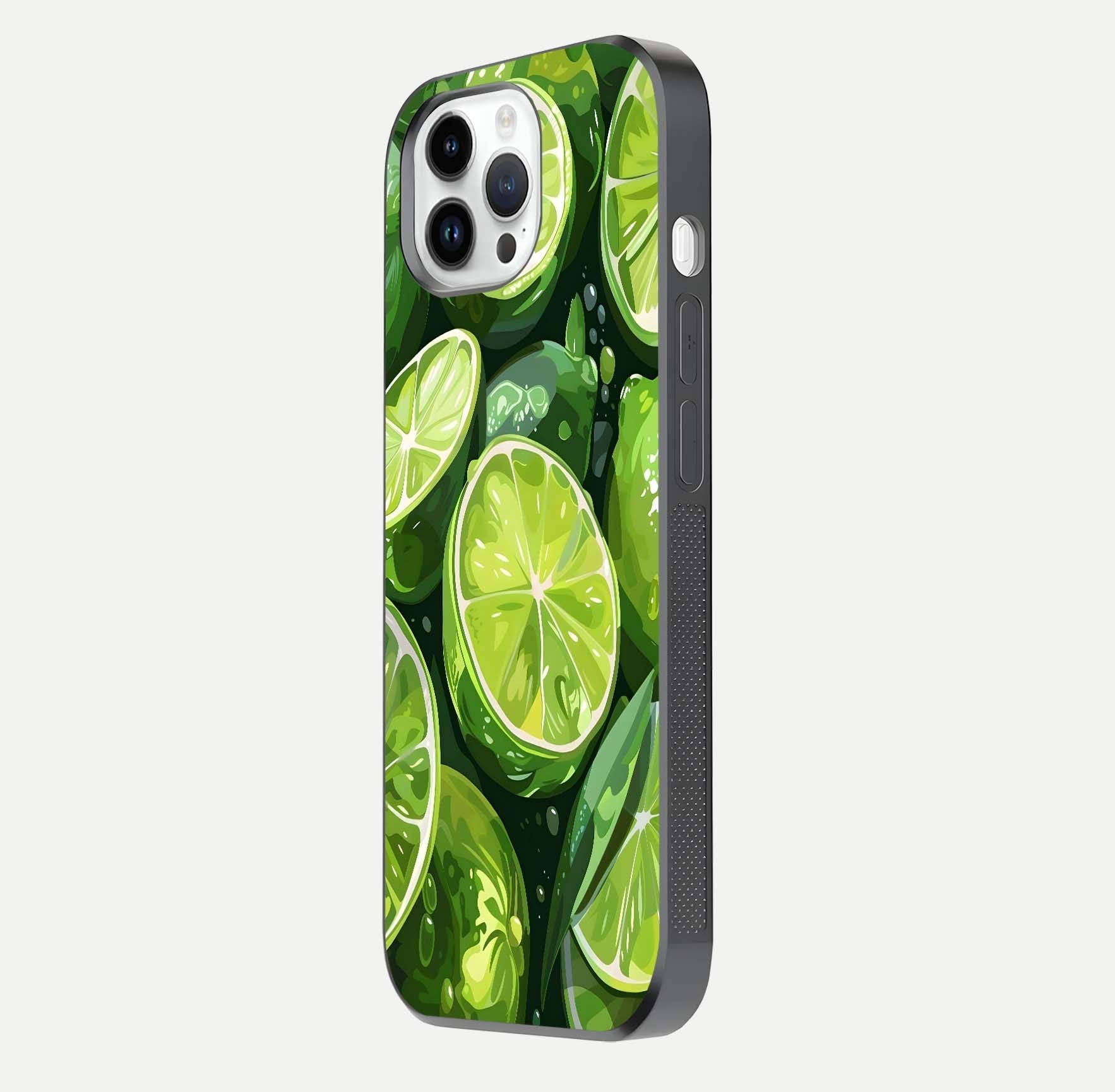 Green Lemon Glass Case for iPhone 14 Pro side-angle image showing reflection glow and juicy color tones