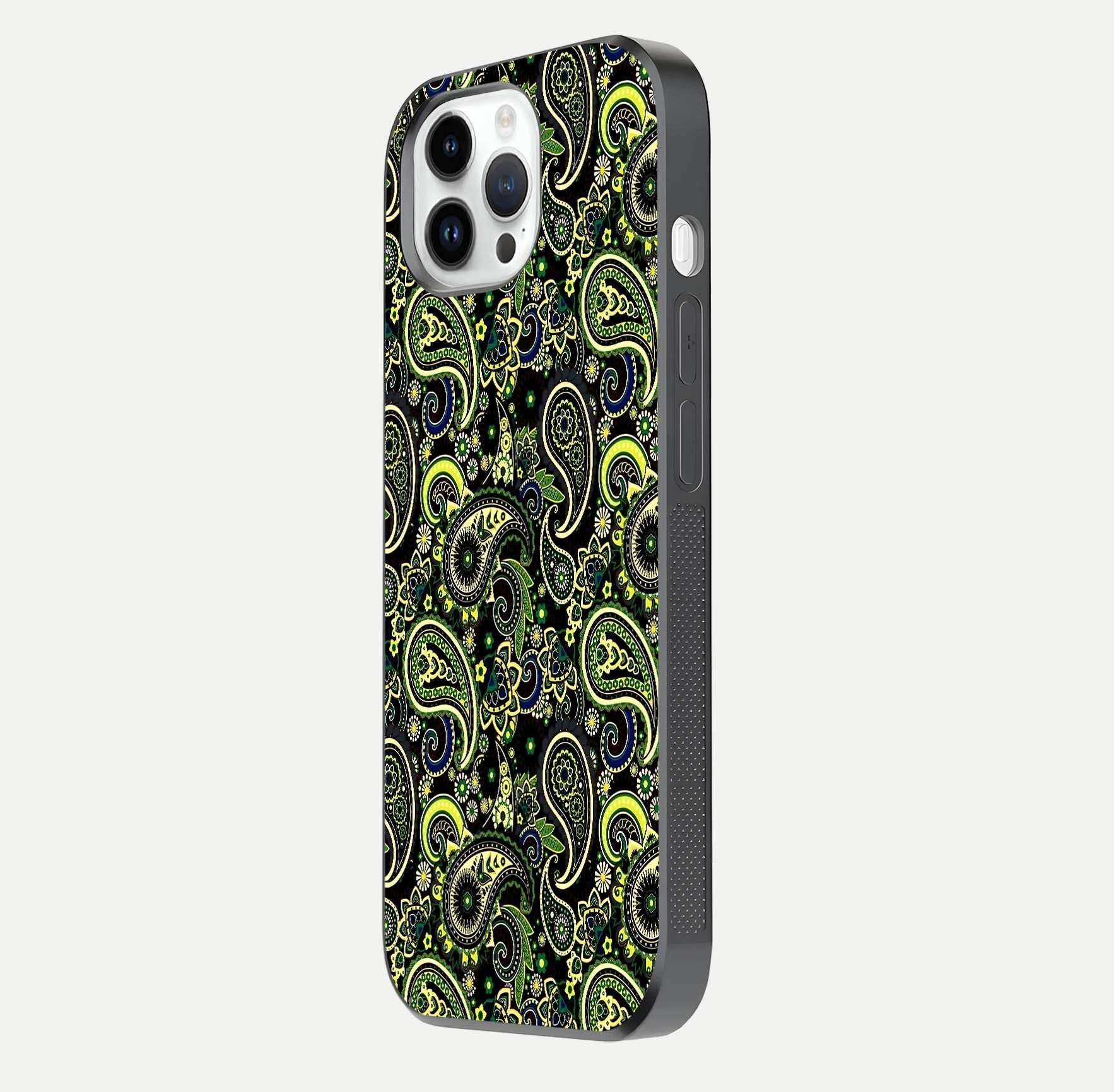 Green Mandala Pattern Glass Case for iPhone 14 Pro side-angle image showing reflection clarity and detailed pattern lines