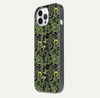 Green Mandala Pattern Glass Case for iPhone 14 Pro side-angle image showing reflection clarity and detailed pattern lines