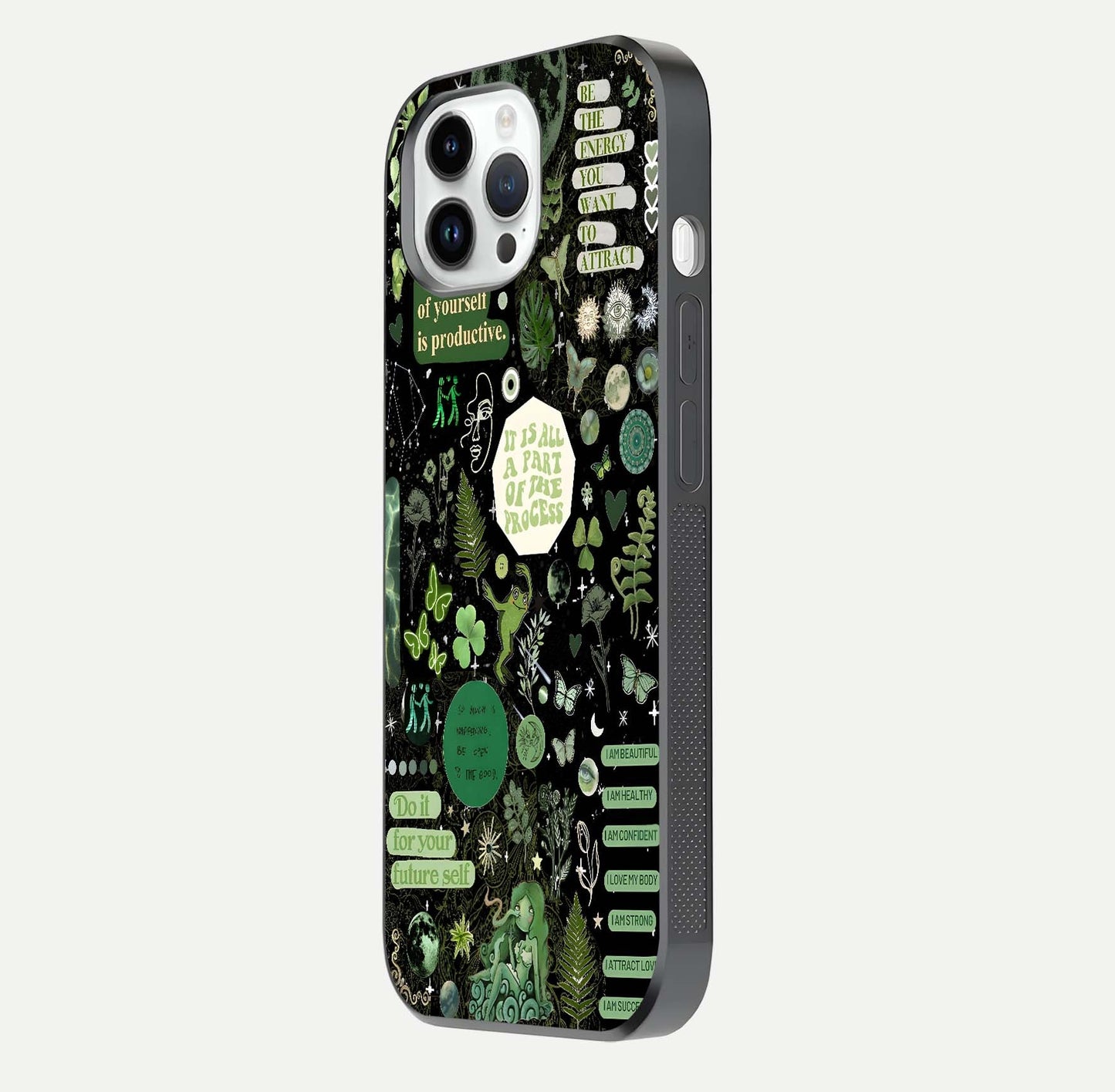 Green Moon Energy Glass Case for iPhone 14 Pro side-angle image showing reflection brilliance and curved finish