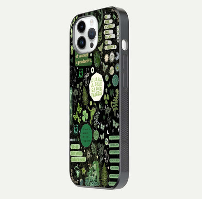 Green Moon Energy Glass Case for iPhone 14 Pro side-angle image showing reflection brilliance and curved finish