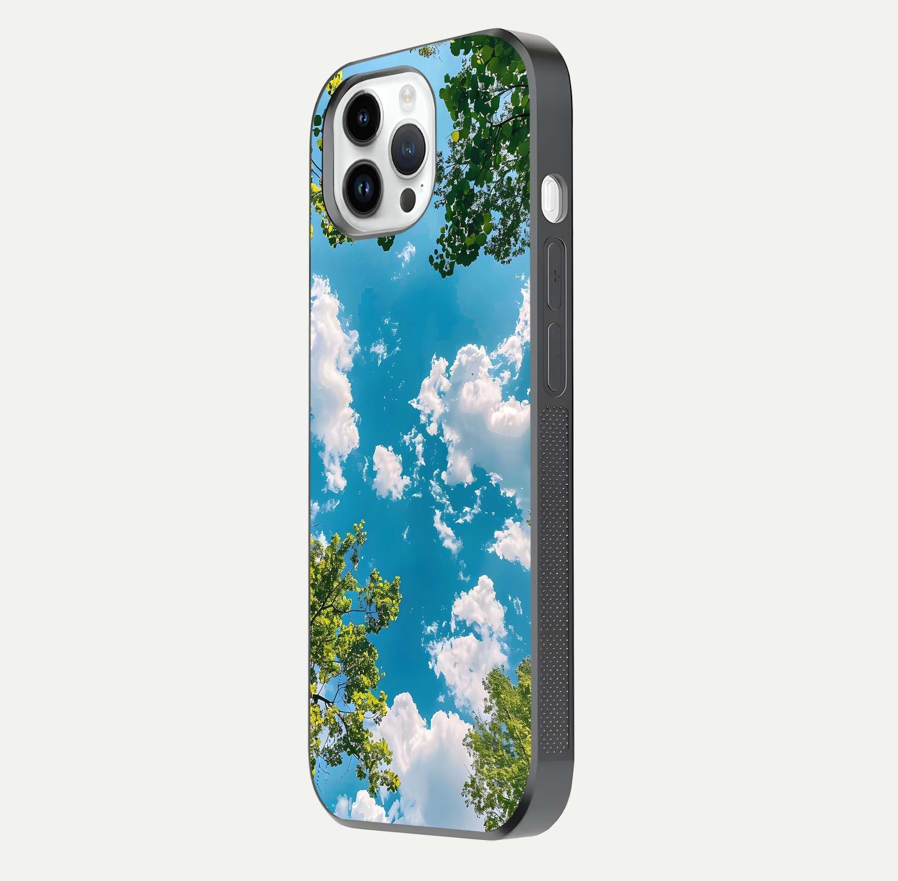 Greenery Sky Glass Case for iPhone 14 Pro side-angle image showing reflection glow and nature-themed pattern