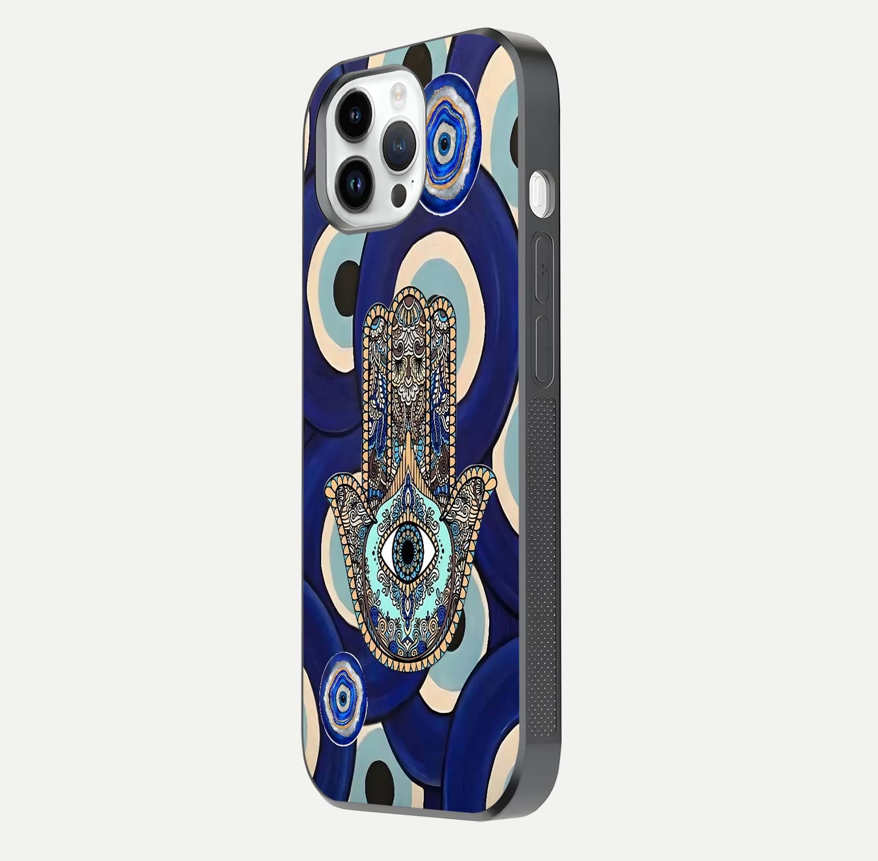 Hamsa Divine Guard Glass Case for iPhone 14 Pro side-angle image showing reflection brilliance and protective design