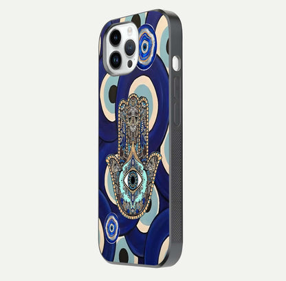 Hamsa Divine Guard Glass Case for iPhone 14 Pro side-angle image showing reflection brilliance and protective design