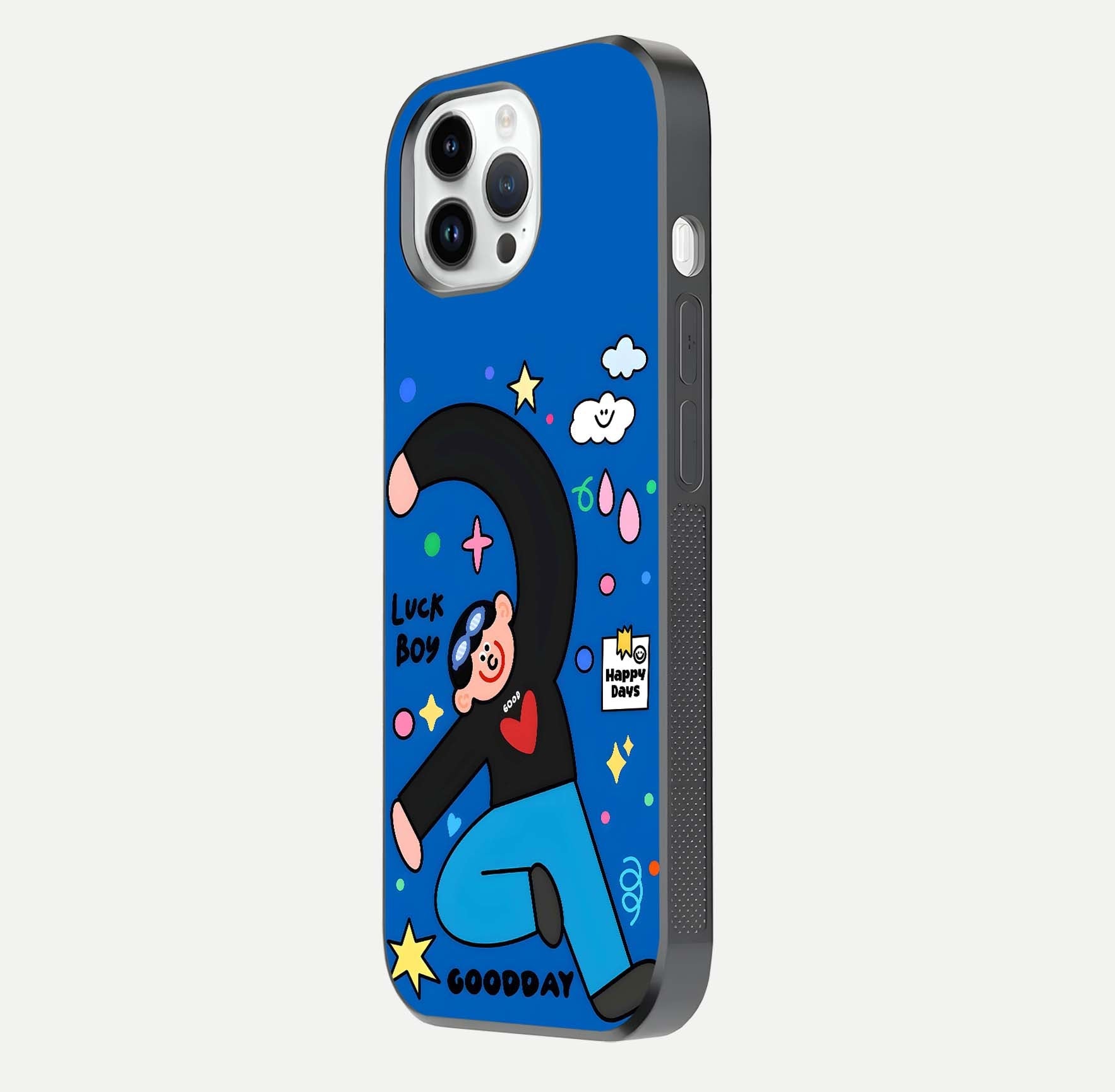 Happy Luck Vibe Glass Case for iPhone 14 Pro side-angle image showing reflection polish and vivid charm design