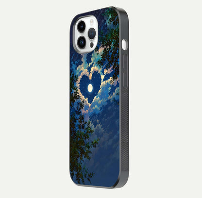 Heart with Moon Sky Glass Case for iPhone 14 Pro side-angle image showing reflection brightness and soft tone finish