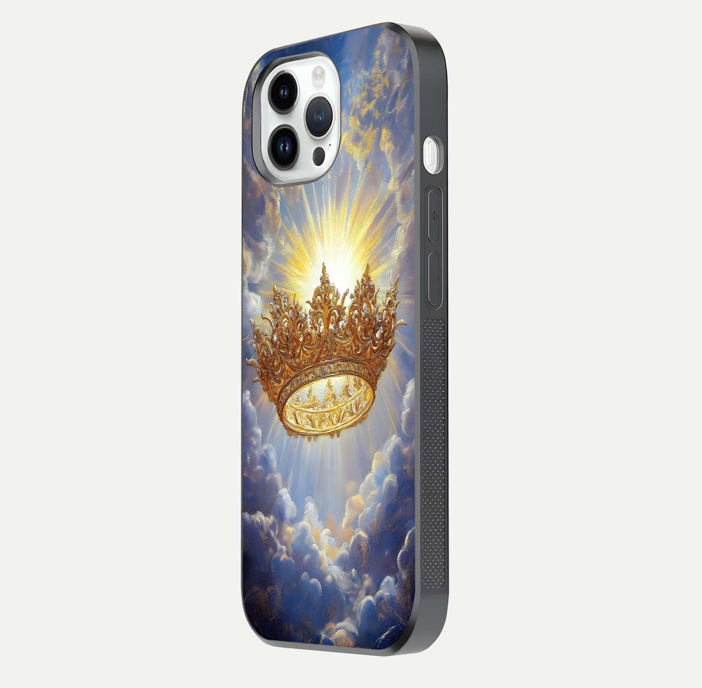 Heavenly Crown Light Glass Case for iPhone 14 Pro side-angle image showing reflection brilliance and elegant divine art
