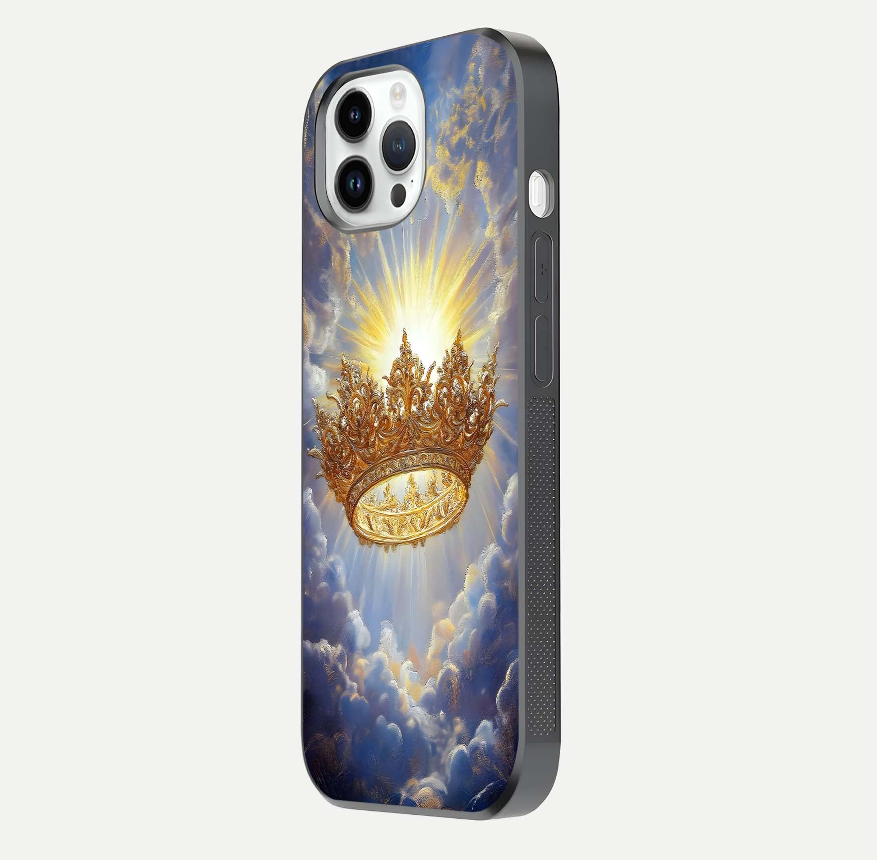 Heavenly Crown Light Glass Case for iPhone 14 Pro side-angle image showing reflection brilliance and elegant divine art