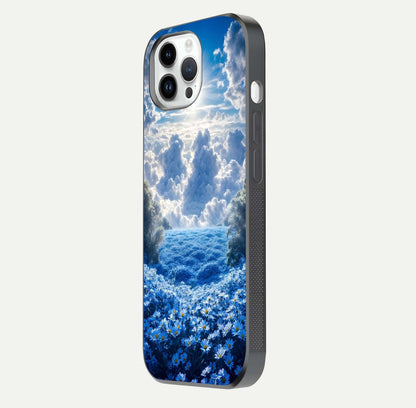 Heavenly Daisy Horizon Glass Case for iPhone 14 Pro side-angle image showing reflection depth and floral glow