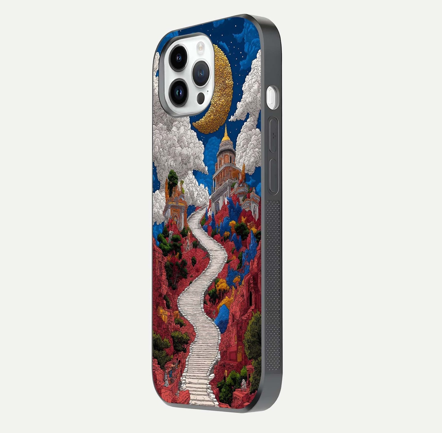 Heavenly Moon Path Glass Case for iPhone 14 Pro side-angle image showing reflection clarity and serene moon glow