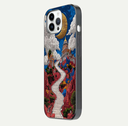 Heavenly Moon Path Glass Case for iPhone 14 Pro side-angle image showing reflection clarity and serene moon glow