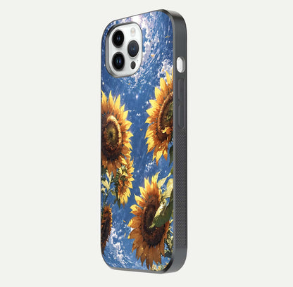 Heavenly Sunflower Rise Glass Case for iPhone 14 Pro side-angle image showing reflection glow and soft yellow tone
