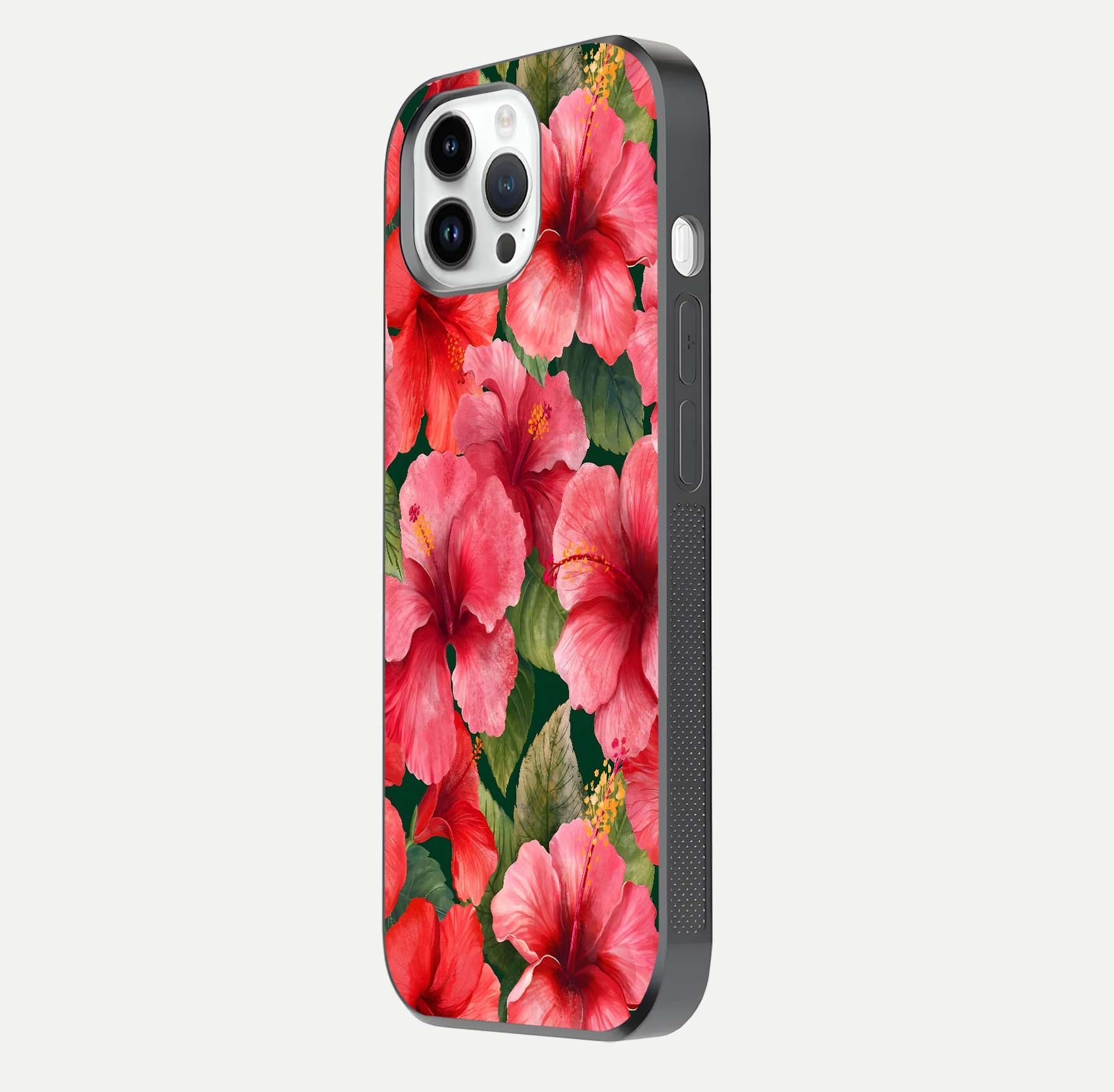 Hibiscus Pattern Glass Case for iPhone 14 Pro side-angle image showing reflection brightness and floral detailing