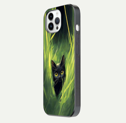 Hidden Cat Whisper Glass Case for iPhone 14 Pro side-angle image showing reflection glow and subtle artistic texture