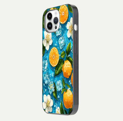 Ice Cube With Orange Glass Case for iPhone 14 Pro side-angle image showing reflection brightness and juicy pattern detail