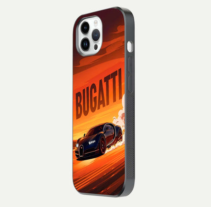 Inferno Bugatti Storm Glass Case for iPhone 14 Pro side-angle image showing reflection glow and vibrant red tones