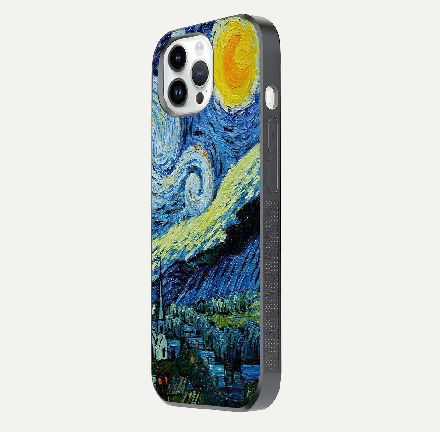 Inspired Van Gogh Art Glass Case for iPhone 14 Pro side-angle image showing reflection brilliance and painted surface look