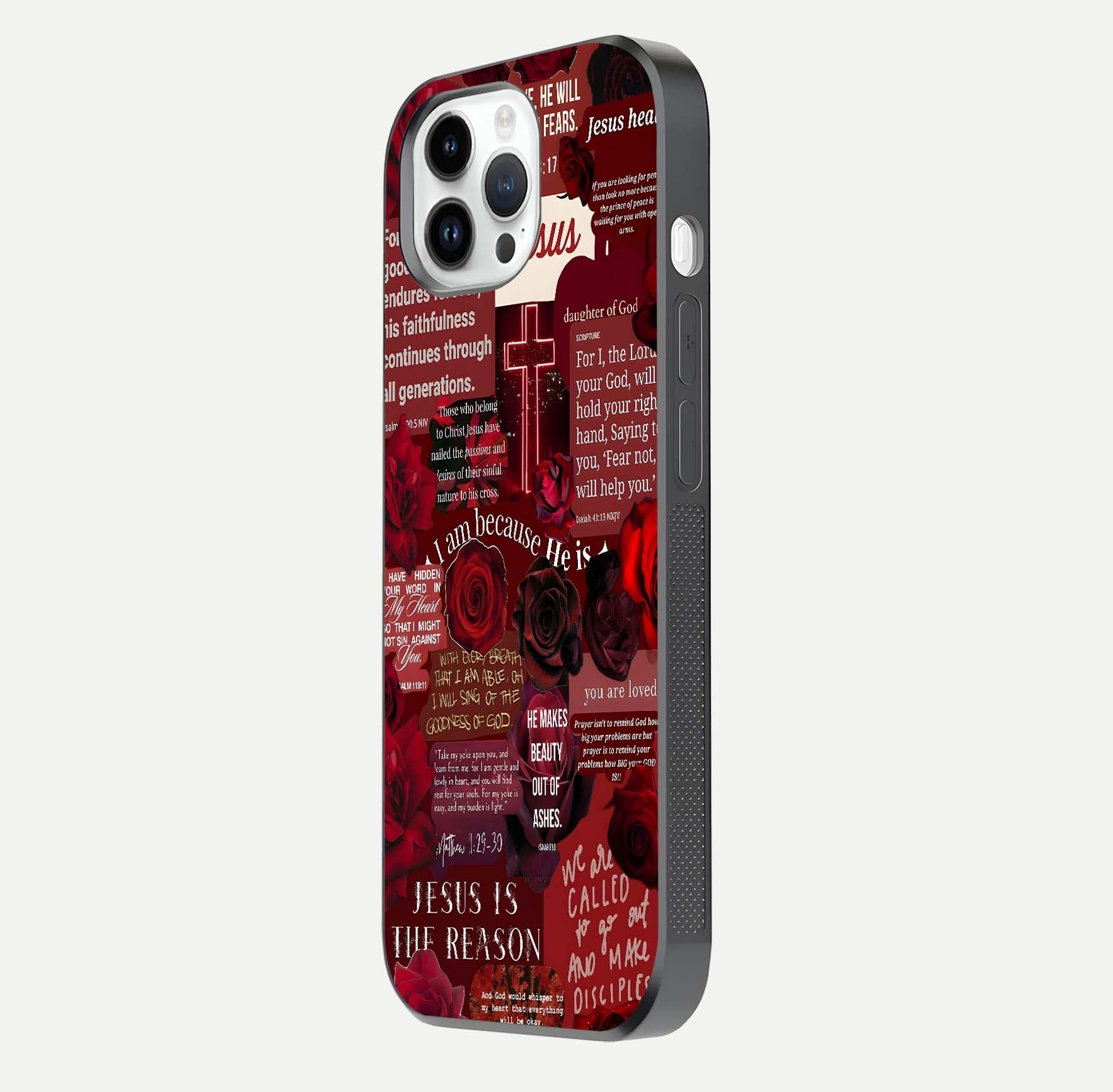 Jesus Love Heals Glass Case for iPhone 14 Pro side-angle image highlighting gloss depth and spiritual aura