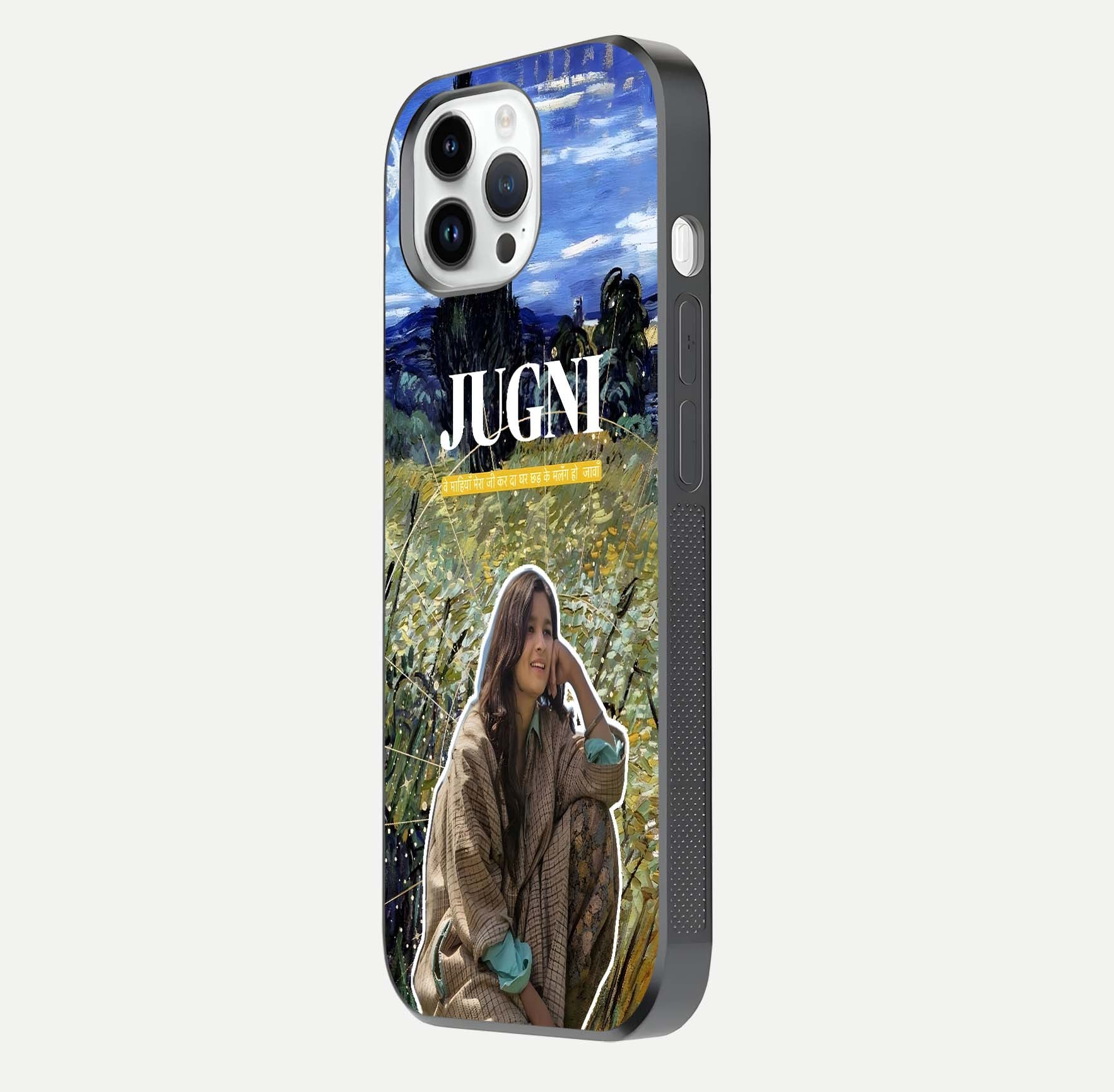 Jugni Soul Vibes Glass Case for iPhone 14 Pro side-angle image with stylish typography and HD finish