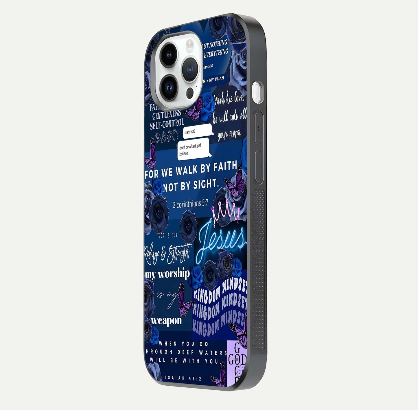 Kingdom Faith Glow Glass Case for iPhone 14 Pro side-angle image with reflective cross and faith glow