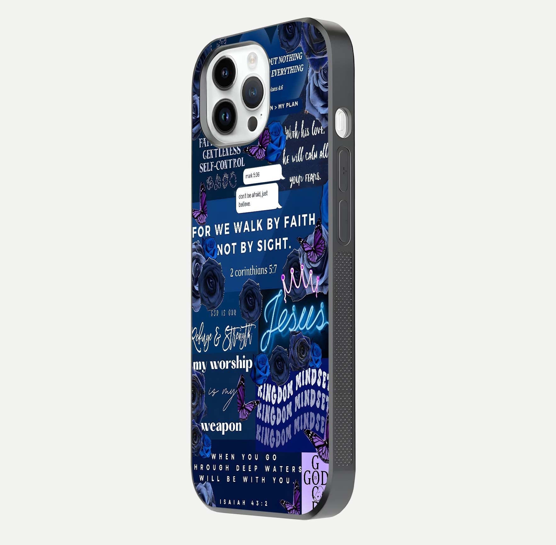 Kingdom Faith Glow Glass Case for iPhone 14 Pro side-angle image with reflective cross and faith glow
