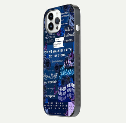 Kingdom Faith Glow Glass Case for iPhone 14 Pro side-angle image with reflective cross and faith glow
