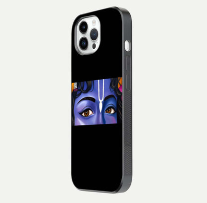 Krishna Eye Glass Case for iPhone 14 Pro side-angle image showing reflection clarity and Krishna symbol design