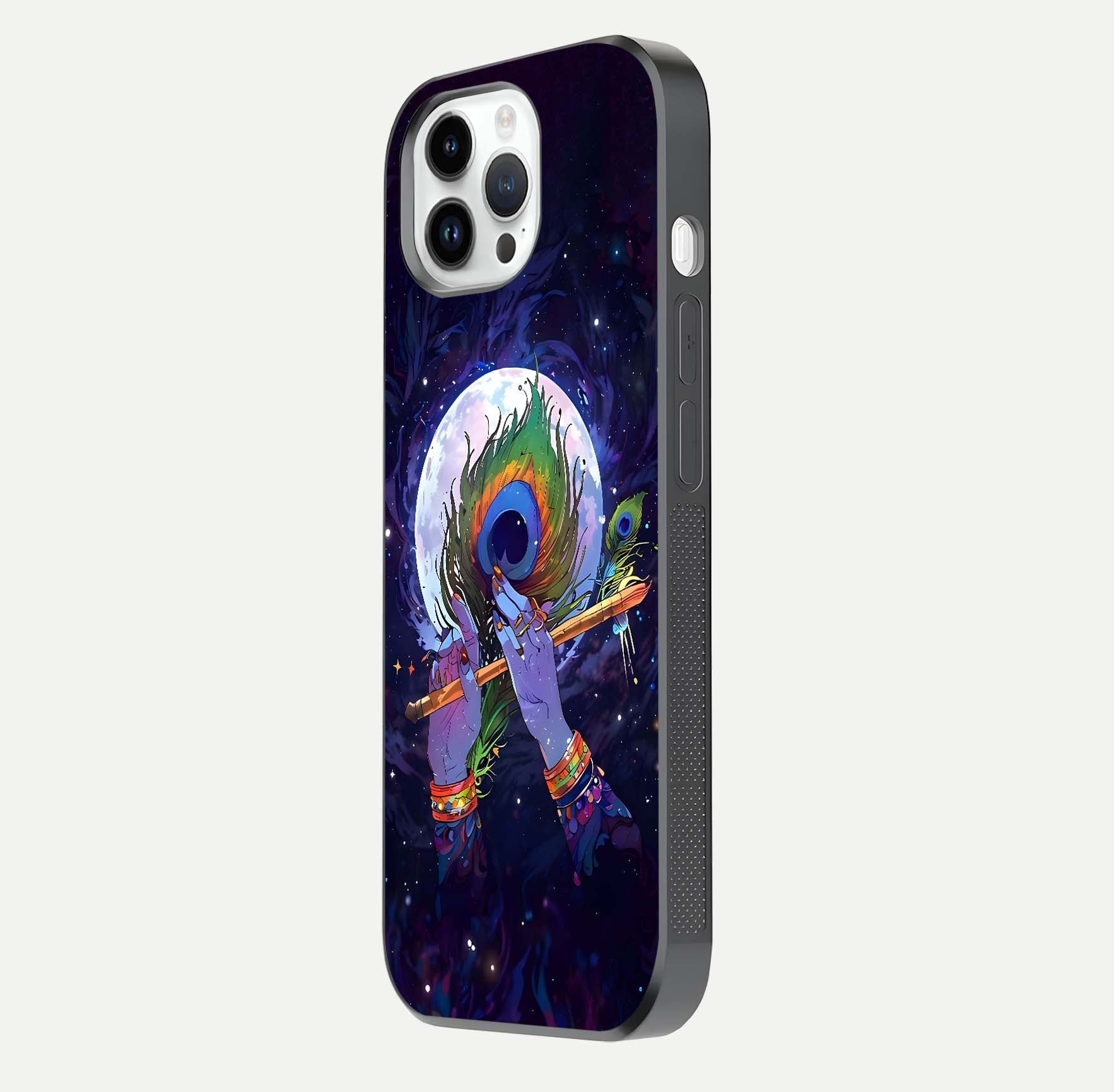 Krishna Hands Art Glass Case for iPhone 14 Pro side-angle image highlighting reflection brightness and vivid print